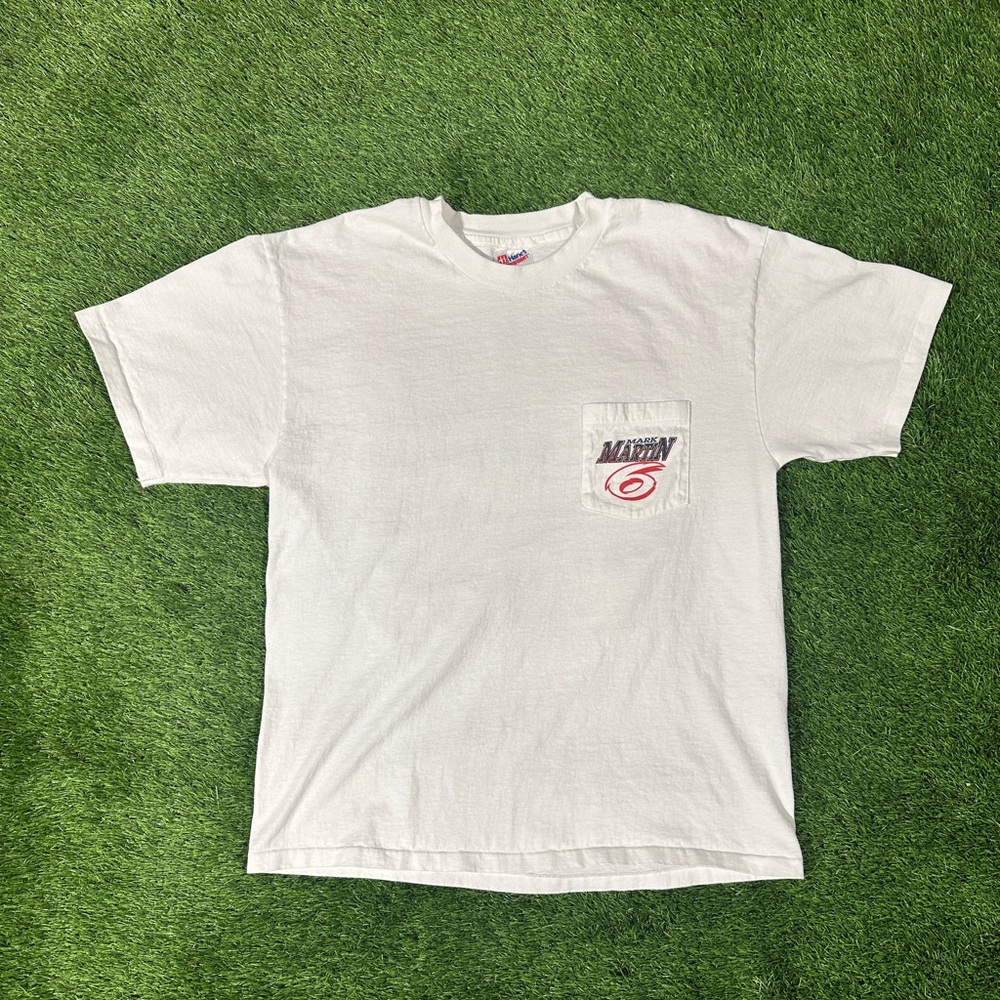 Vintage 1996 Mark Martin #6 Nascar White Graphic Pocket Tee Shirt size Large